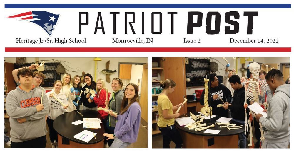 This is the cover image of the December Patriot Post magazine. It includes two pictures of Heritage students studying bones during Mr. Fuelling's Anatomy class.