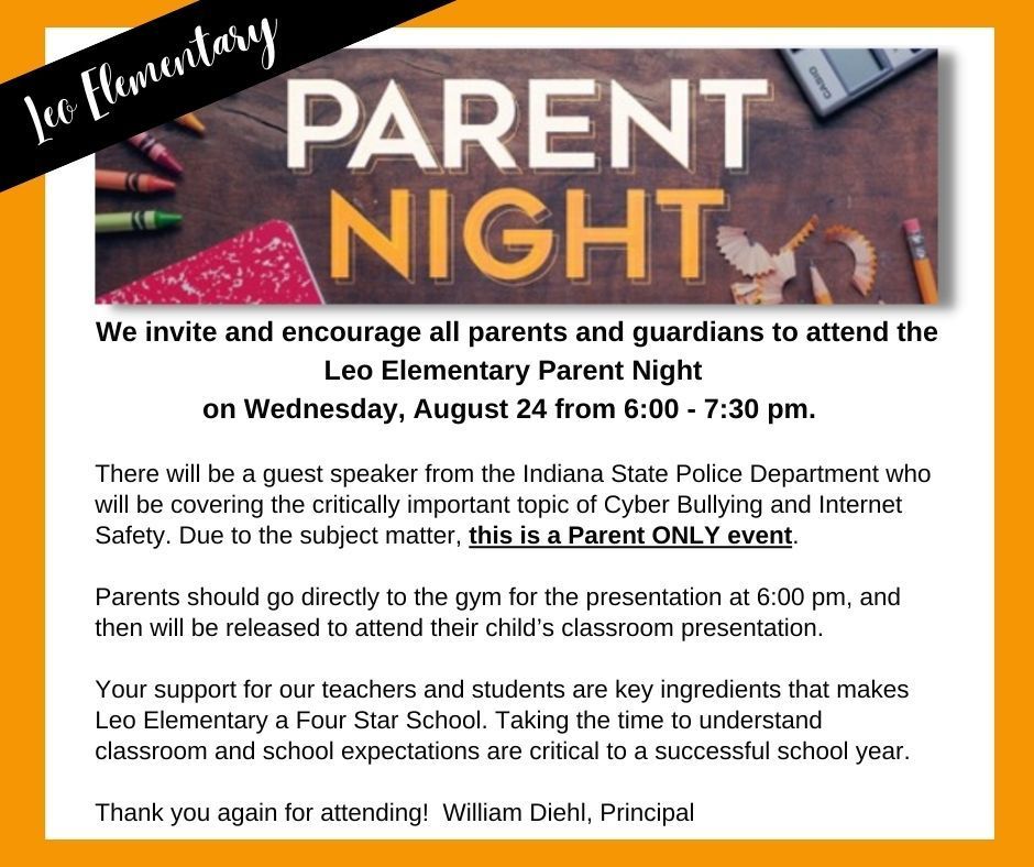 Parent Night Aug 24 6-7:30 pm