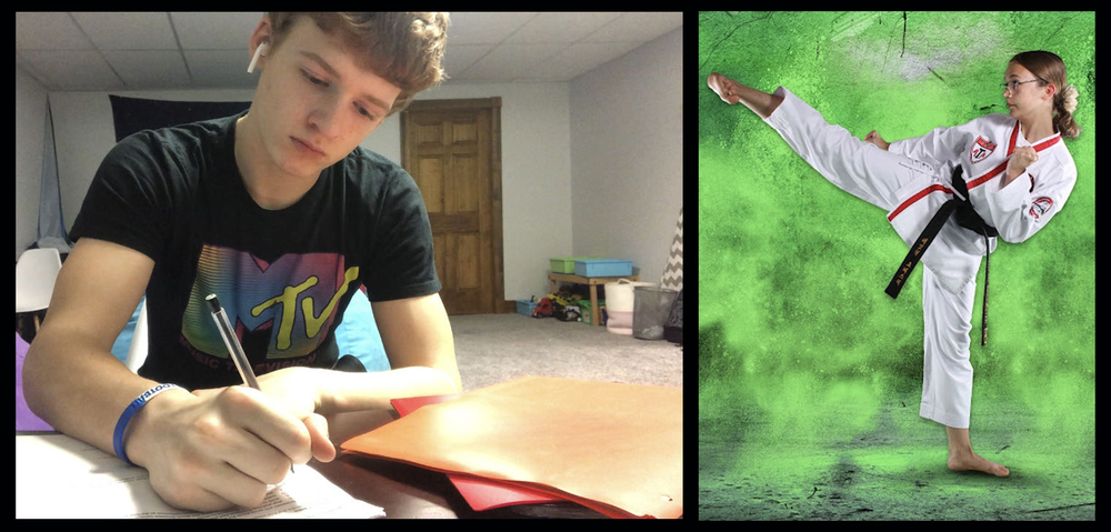 Lucas Weber is seen at home working on his schoolwork, and Kaitlyn Rochester is seen in a separate picture practicing her martial arts skills. 