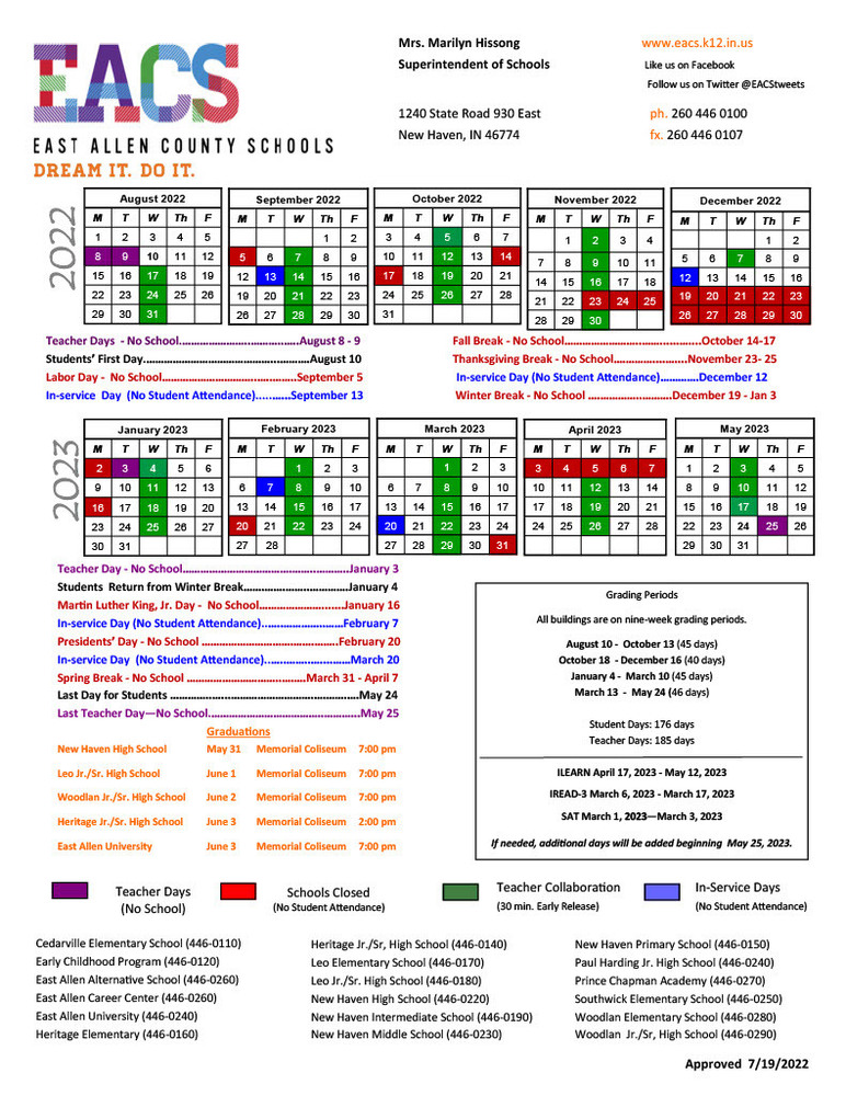 East Allen County Schools Calendar 2024-2025 - MyCOLLEGEPOINTS