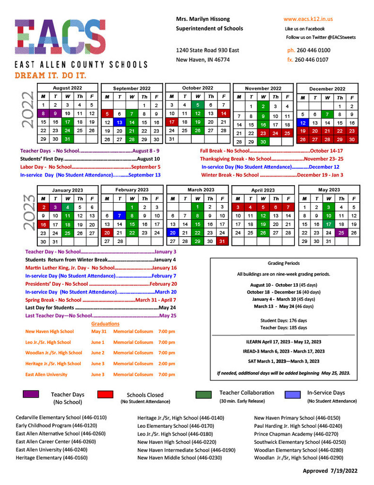 School Calendar 2022 2023 Cedarville Elementary