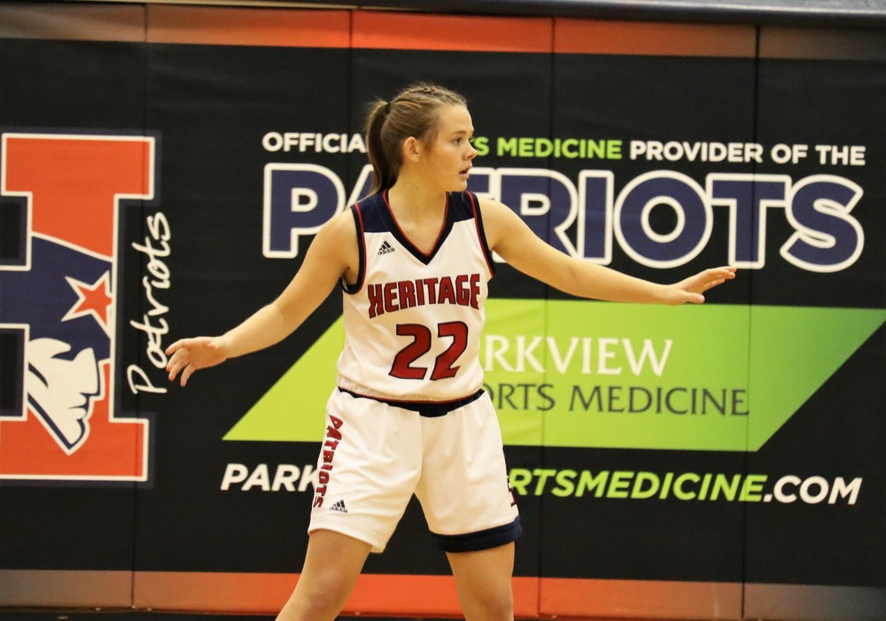 Senior Lydia Schultz stands ready to play defense for the lady Patriots.